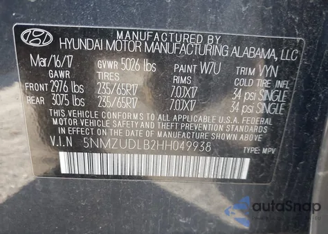 2017 Hyundai Santa Fe Sport 2.4L from USA, damaged, VIN 5NMZUDLB2HH049938
